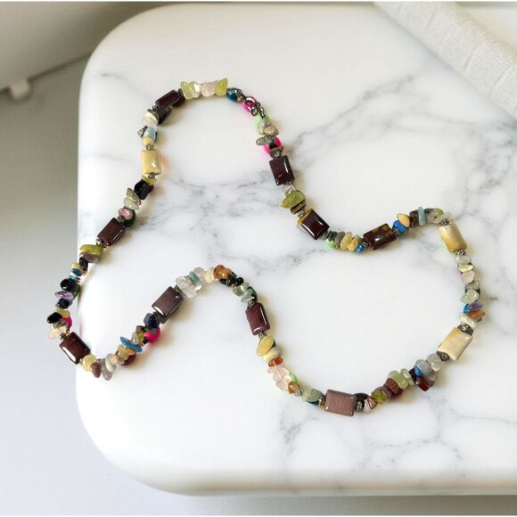 Mookaite & Gemstone Chip Necklace – 26" Boho Earthtone Strand - Picture 1 of 11